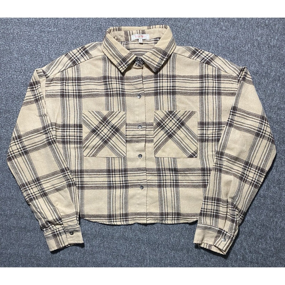 Stella Tweed Womens Plaid Flannel Button Up Crop Top Tan Brown Size M